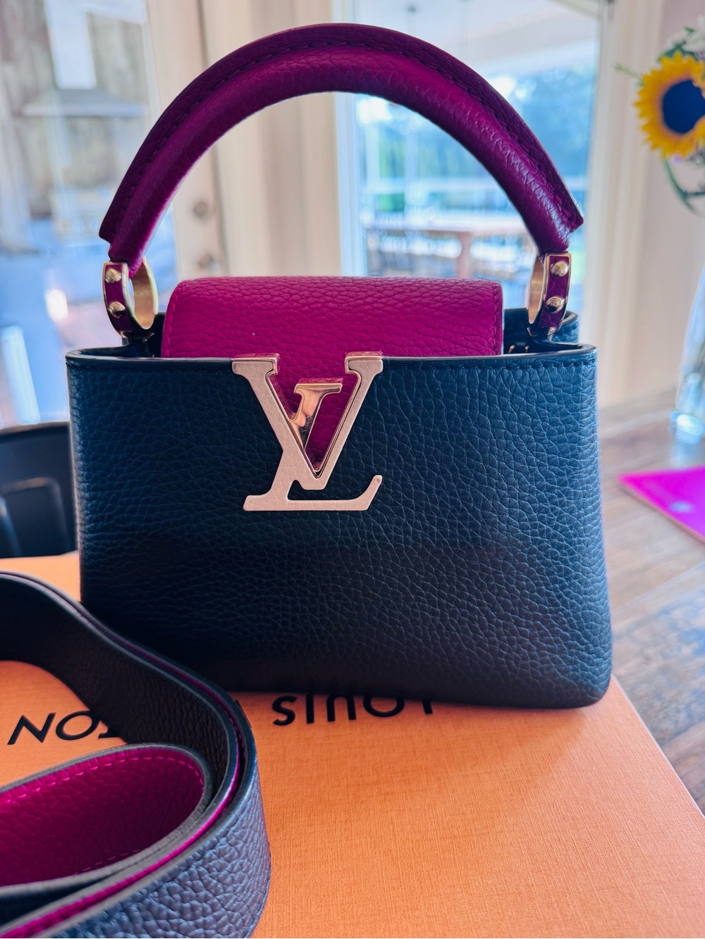 Authentic Louis Vuitton Capucines Mini Top-Handle Bag in Black & Red with COA